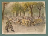 Watercolor Painting by Helga Wolfenstein of Open-Air Eating  at Theresienstadt