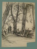 Drawing by Peter Kien / Petr Kien of People Walking Beneath Trees at Theresienstadt
